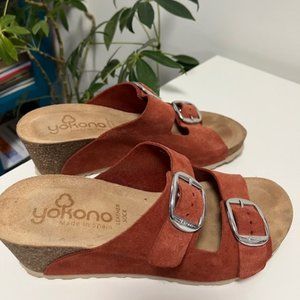 Yokono Slide Buckle Cork Footbed Leather Sock Women 8 Orange/Coral Sandals